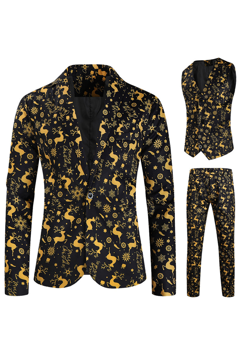 Load image into Gallery viewer, 3 Piece Black Single Button Yellow Reindeer Print Men&#39;s Christmas Suit