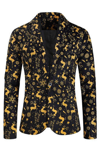 3 Piece Black Single Button Yellow Reindeer Print Men's Christmas Suit