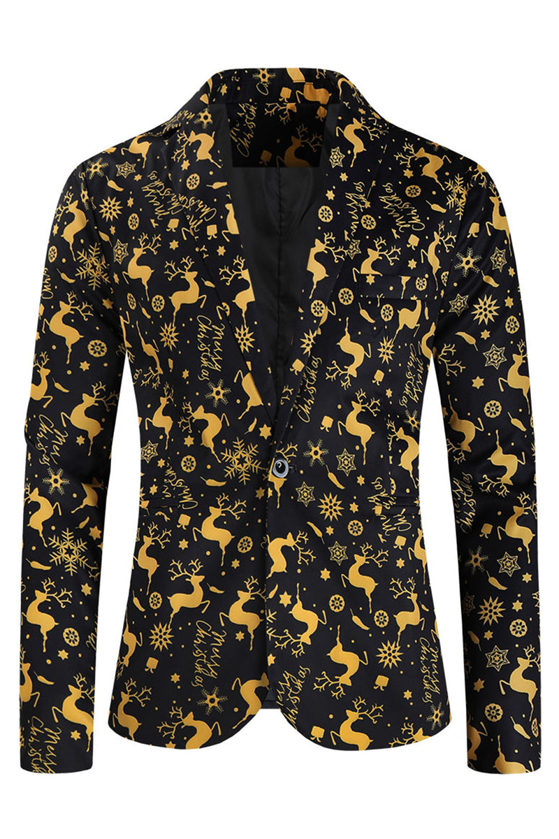 Load image into Gallery viewer, 3 Piece Black Single Button Yellow Reindeer Print Men&#39;s Christmas Suit