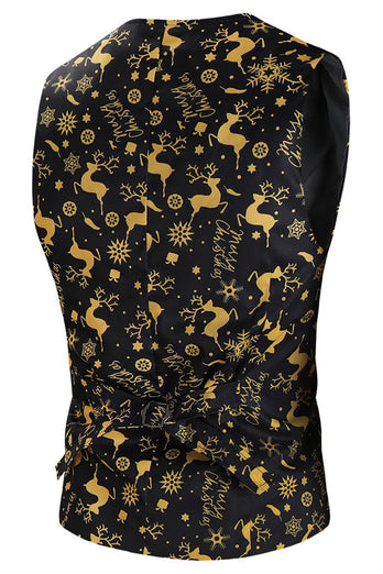 3 Piece Black Single Button Yellow Reindeer Print Men's Christmas Suit