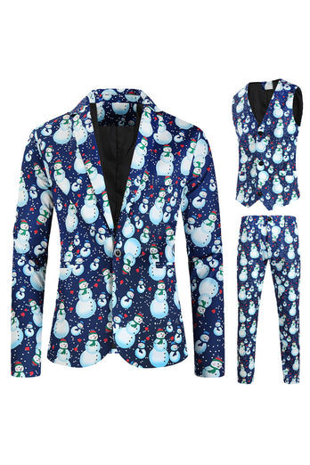 Light Blue Single Button Snowman Print 3 Piece Men's Christmas Suit