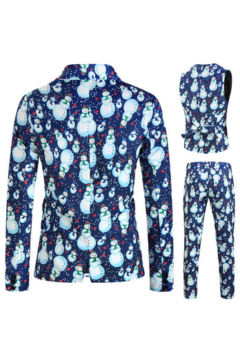 Light Blue Single Button Snowman Print 3 Piece Men's Christmas Suit