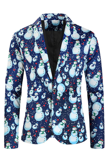 Light Blue Single Button Snowman Print 3 Piece Men's Christmas Suit