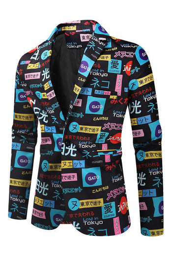 Japanese Themed Text Print Black Single Button 3 Pieces Men's Christmas Suit