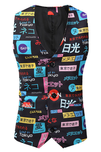 Japanese Themed Text Print Black Single Button 3 Pieces Men's Christmas Suit