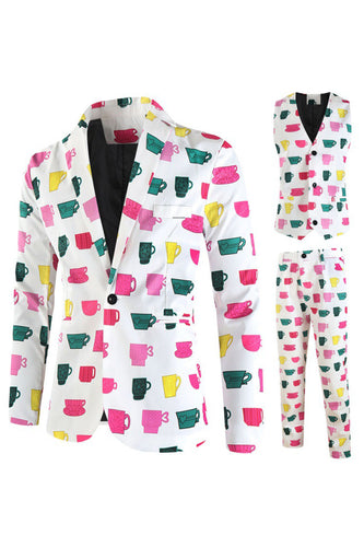 White 3 Pieces Cup Print Notched Lapel Men's Christmas Suit