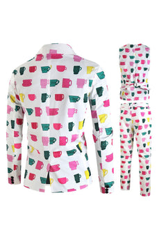 White 3 Pieces Cup Print Notched Lapel Men's Christmas Suit