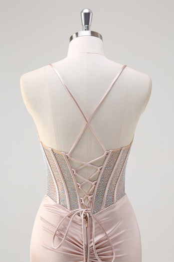 Mermaid Blush Spaghetti Straps Corset Beaded Long Prom Dress