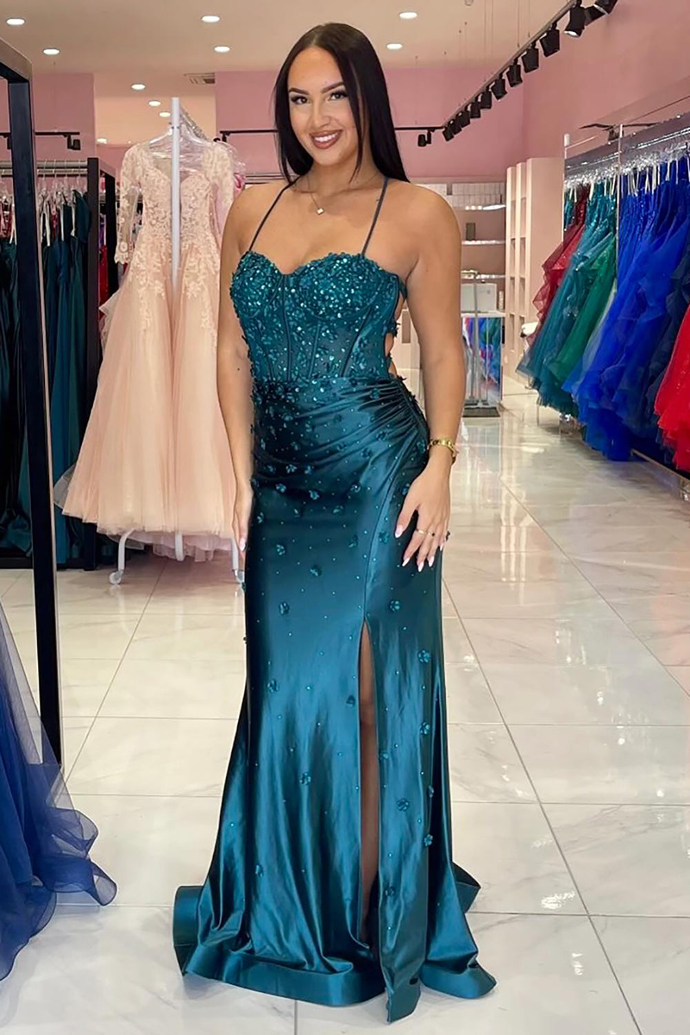 Sparkly Beaded Peacock Blue Corset Mermaid Prom Dress