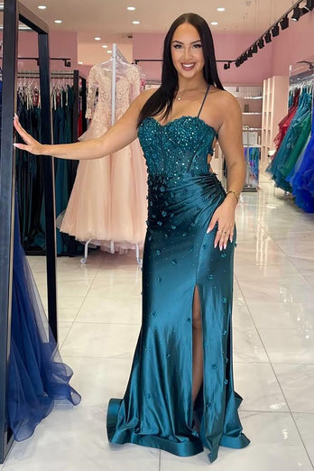 Sparkly Beaded Peacock Blue Corset Mermaid Prom Dress