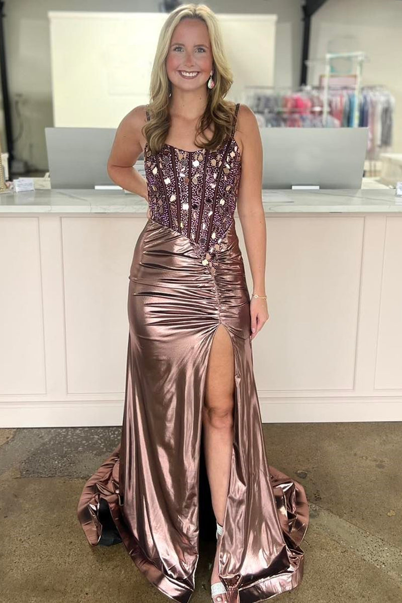 Load image into Gallery viewer, Glitter Copper Metallic Beaded Spaghetti Straps Mermaid Long Prom Dress