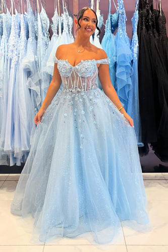 A Line Sparkly Sequins Corset Sky Blue Tulle Prom Dress