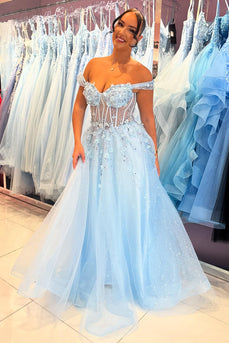 A Line Sparkly Sequins Corset Sky Blue Tulle Prom Dress