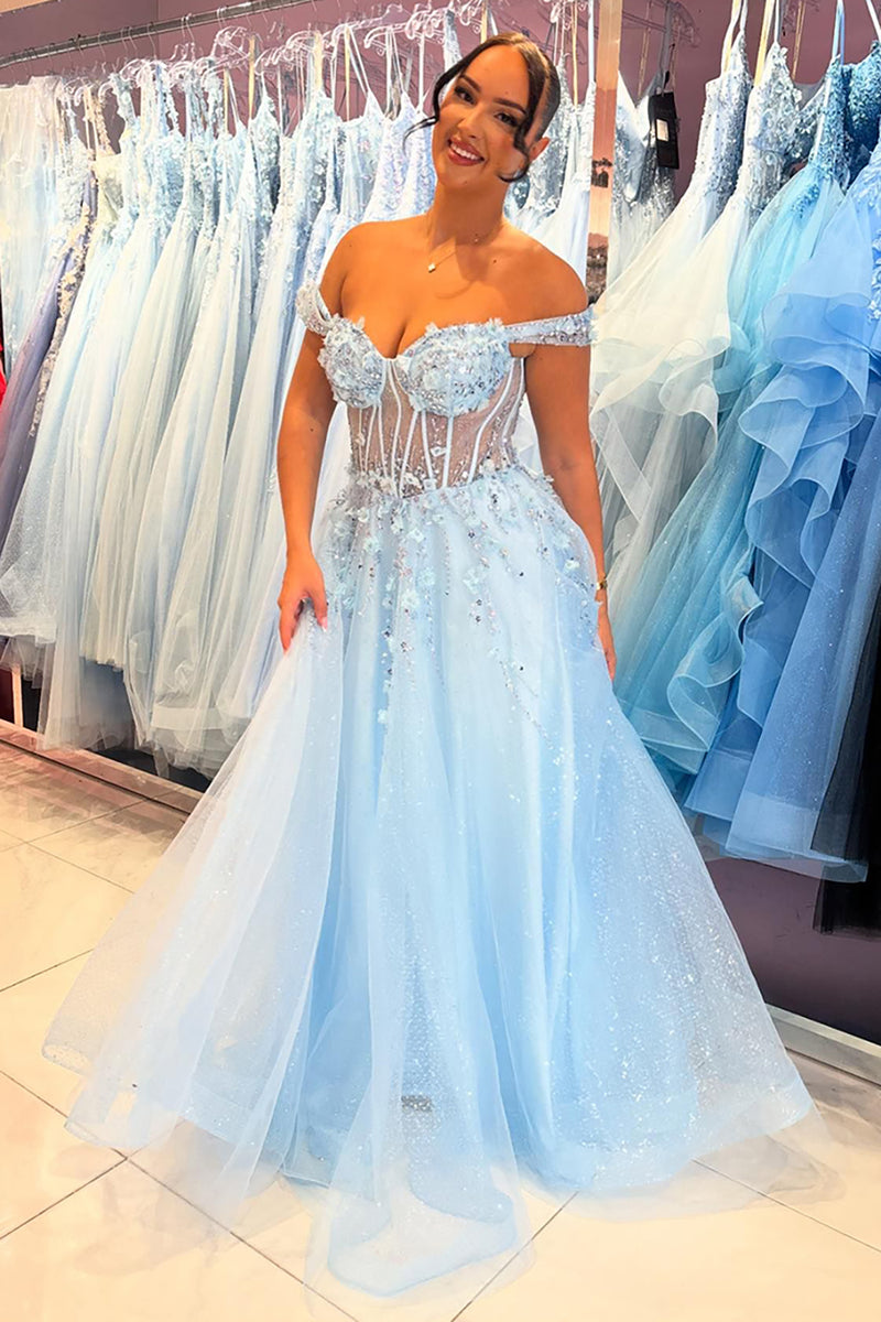 Load image into Gallery viewer, A Line Sparkly Sequins Corset Sky Blue Tulle Prom Dress