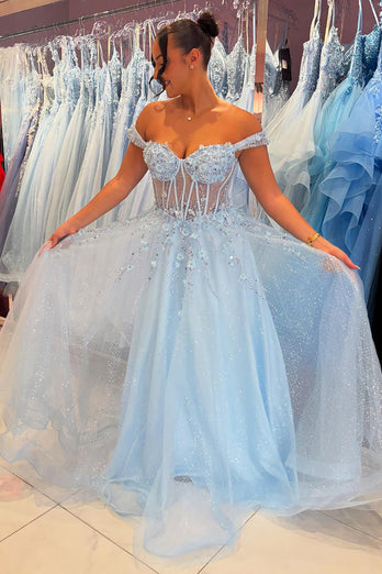 A Line Sparkly Sequins Corset Sky Blue Tulle Prom Dress