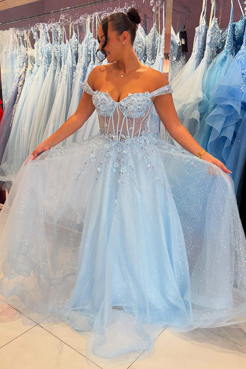 Load image into Gallery viewer, A Line Sparkly Sequins Corset Sky Blue Tulle Prom Dress