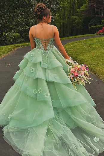 Sage Floral Appliques A Line Corset Prom Dress