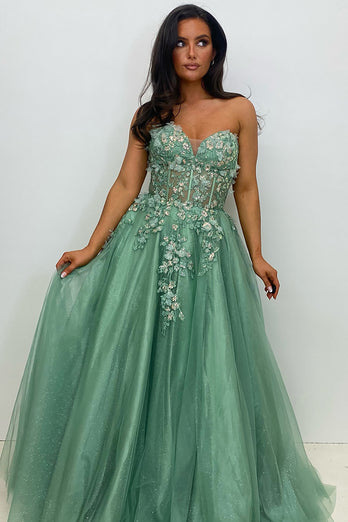 Sparkly Beaded Appliques Sage Corset A Line Strapless Prom Dress