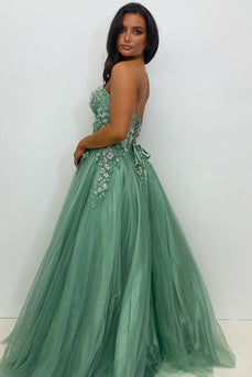 Sparkly Beaded Appliques Sage Corset A Line Strapless Prom Dress