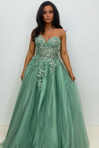 Sparkly Beaded Appliques Sage Corset A Line Strapless Prom Dress