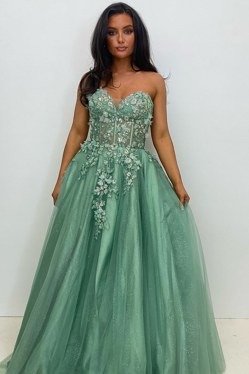 Load image into Gallery viewer, Sparkly Beaded Appliques Sage Corset A Line Strapless Prom Dress