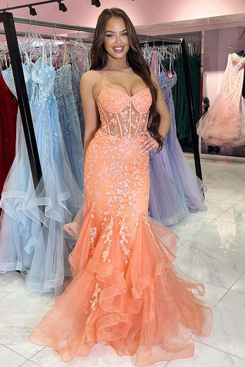 Orange Appliques Mermaid Corset Spaghetti Straps Prom Dress