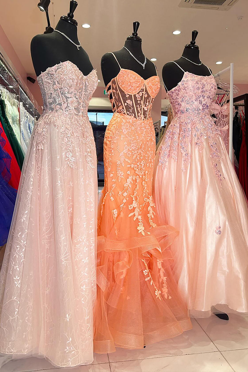 Load image into Gallery viewer, Orange Appliques Mermaid Corset Spaghetti Straps Prom Dress