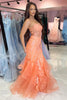 Load image into Gallery viewer, Orange Appliques Mermaid Corset Spaghetti Straps Prom Dress