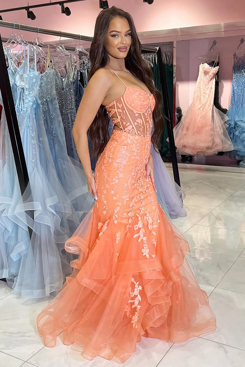 Load image into Gallery viewer, Orange Appliques Mermaid Corset Spaghetti Straps Prom Dress