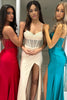 Load image into Gallery viewer, Sparkly Beaded Blue Corset Spaghetti Straps Prom Dress with Slit