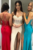 Load image into Gallery viewer, Sparkly Beaded Blue Corset Spaghetti Straps Prom Dress with Slit