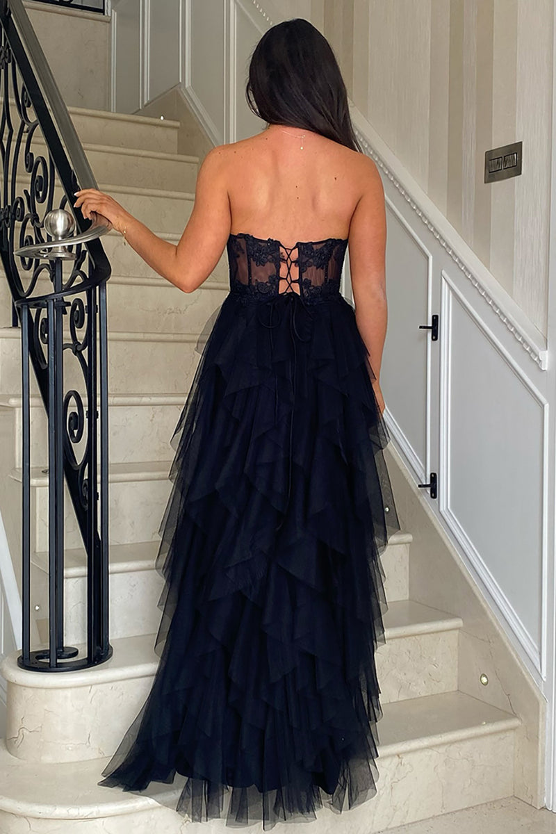 Load image into Gallery viewer, Appliques Corset Tulle Strapless Prom Dress with Slit