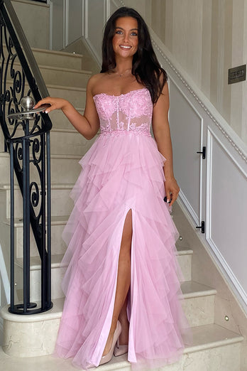 Appliques Corset Tulle Strapless Prom Dress with Slit