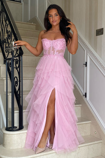 Appliques Corset Tulle Strapless Prom Dress with Slit