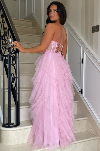 Appliques Corset Tulle Strapless Prom Dress with Slit