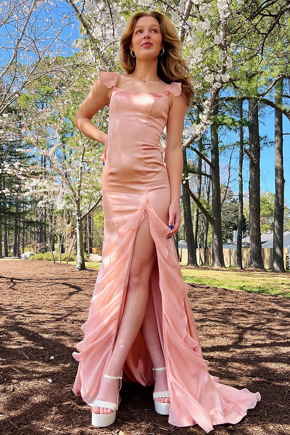 Blush Mermaid Spaghetti Straps Long Prom Dress with Slit