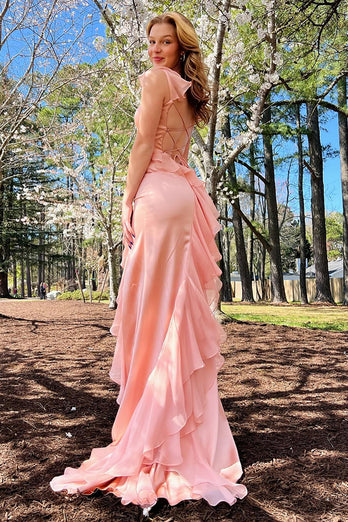 Blush Mermaid Spaghetti Straps Long Prom Dress with Slit