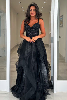 Sparkly Beaded Black Corset A Line Long Prom Dress