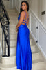 Load image into Gallery viewer, Royal Blue Appliques Spaghetti Straps Corset Prom Dress with Slit