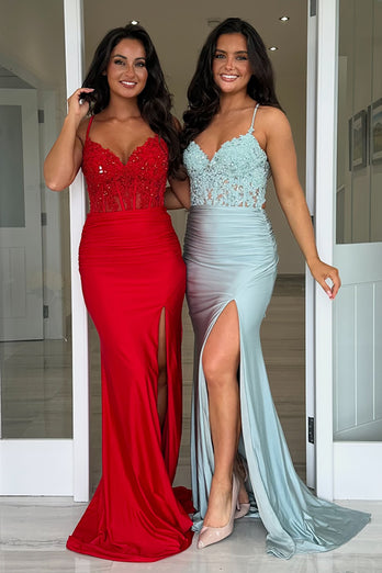 Royal Blue Appliques Spaghetti Straps Corset Prom Dress with Slit