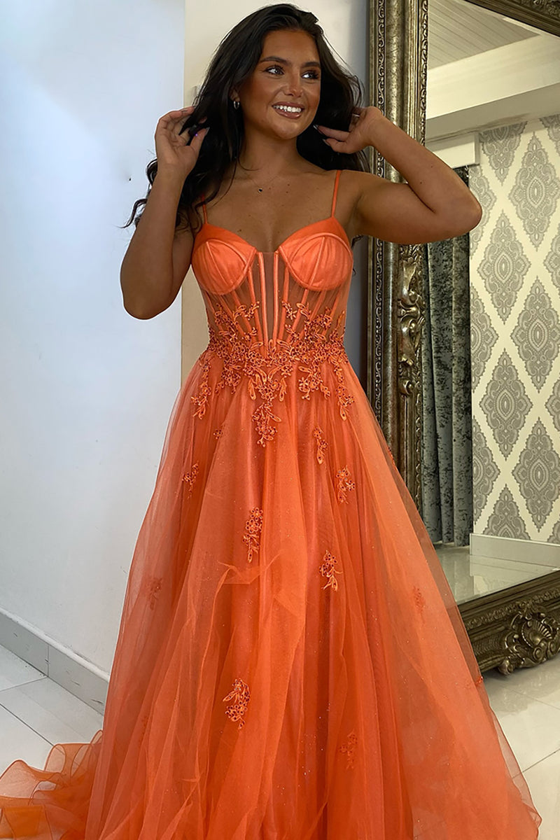 Load image into Gallery viewer, Appliques Corset Orange Spaghetti Straps A Line Prom Dress