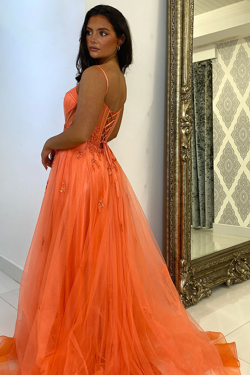 Load image into Gallery viewer, Appliques Corset Orange Spaghetti Straps A Line Prom Dress