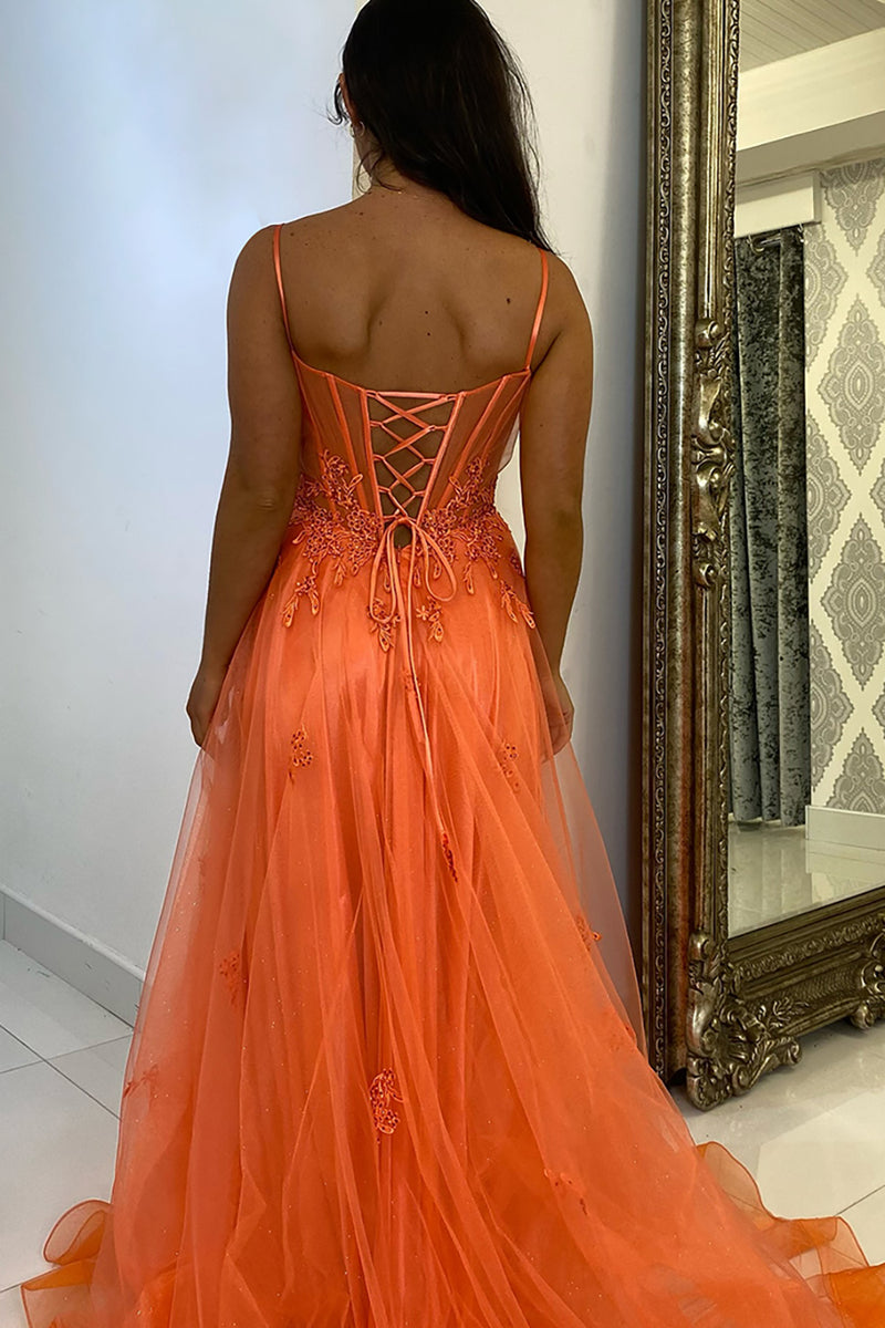 Load image into Gallery viewer, Appliques Corset Orange Spaghetti Straps A Line Prom Dress