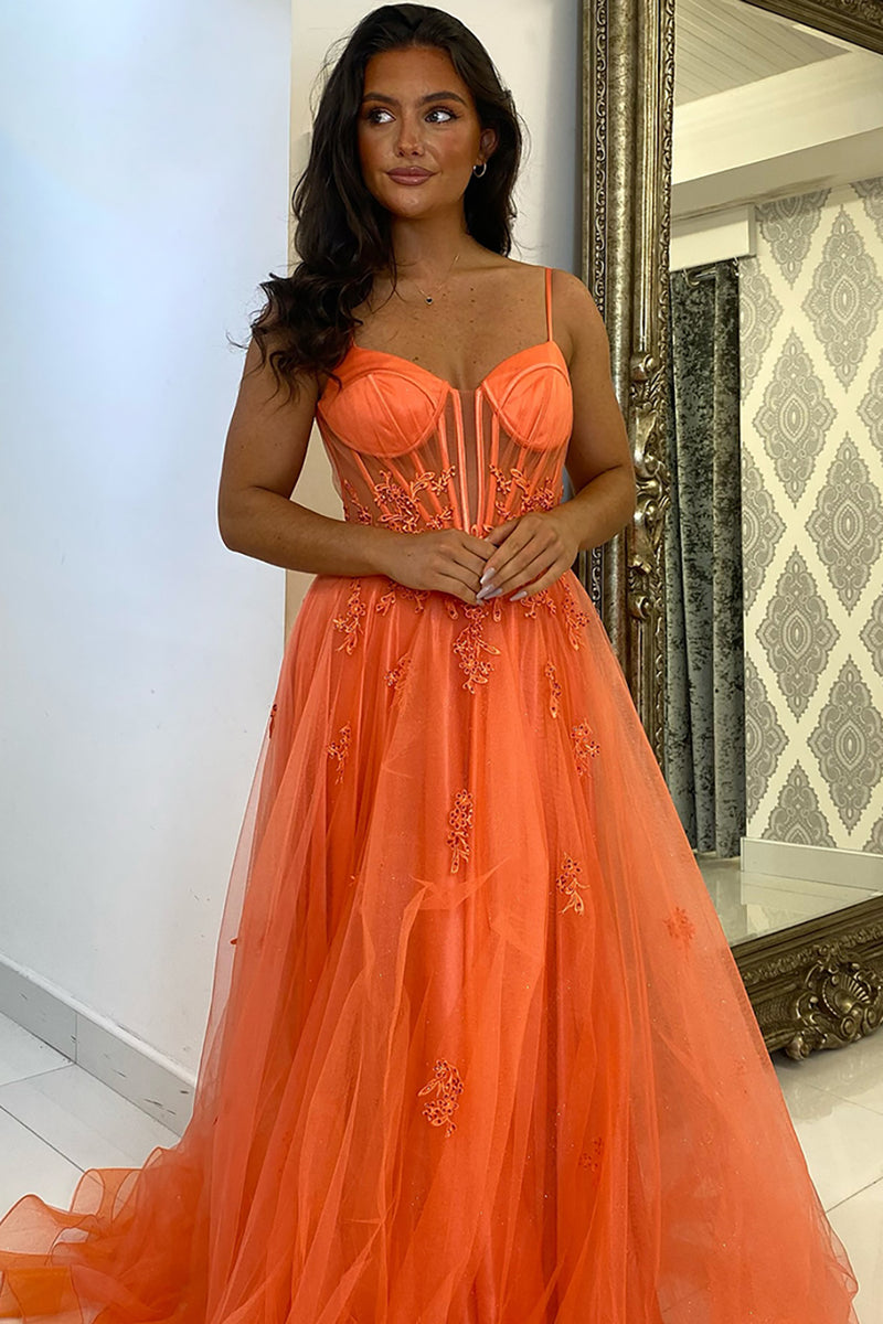 Load image into Gallery viewer, Appliques Corset Orange Spaghetti Straps A Line Prom Dress