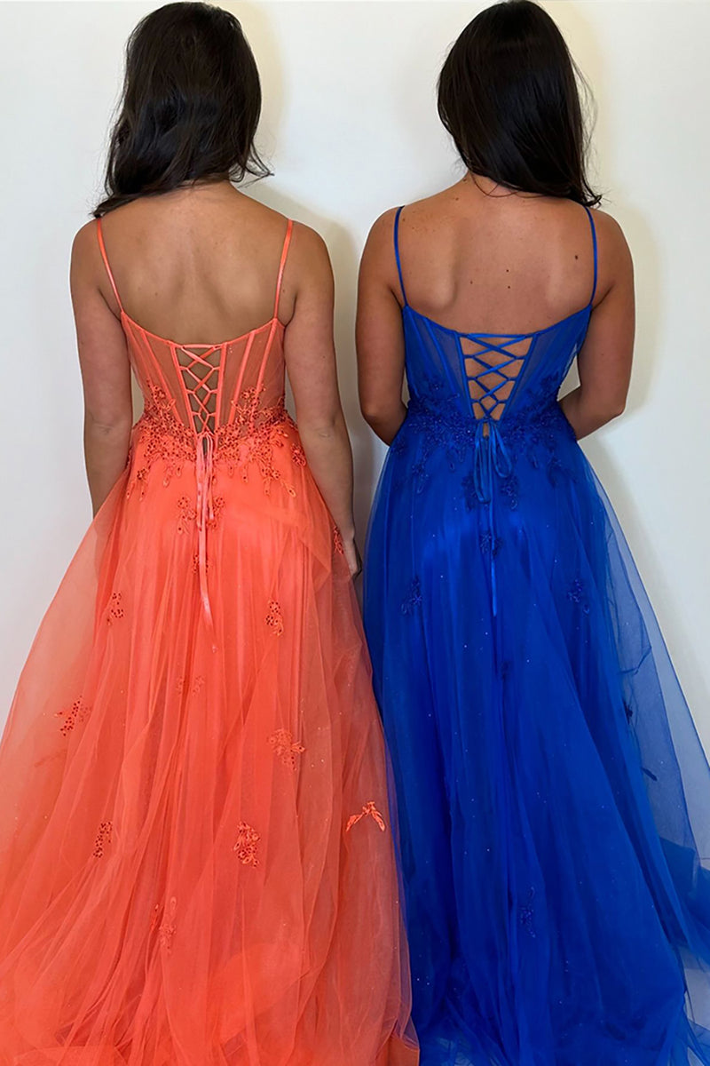 Load image into Gallery viewer, Appliques Corset Orange Spaghetti Straps A Line Prom Dress