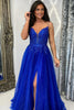 Load image into Gallery viewer, Sparkly Beaded Royal Blue Corset A Line Long Prom Dress with Slit