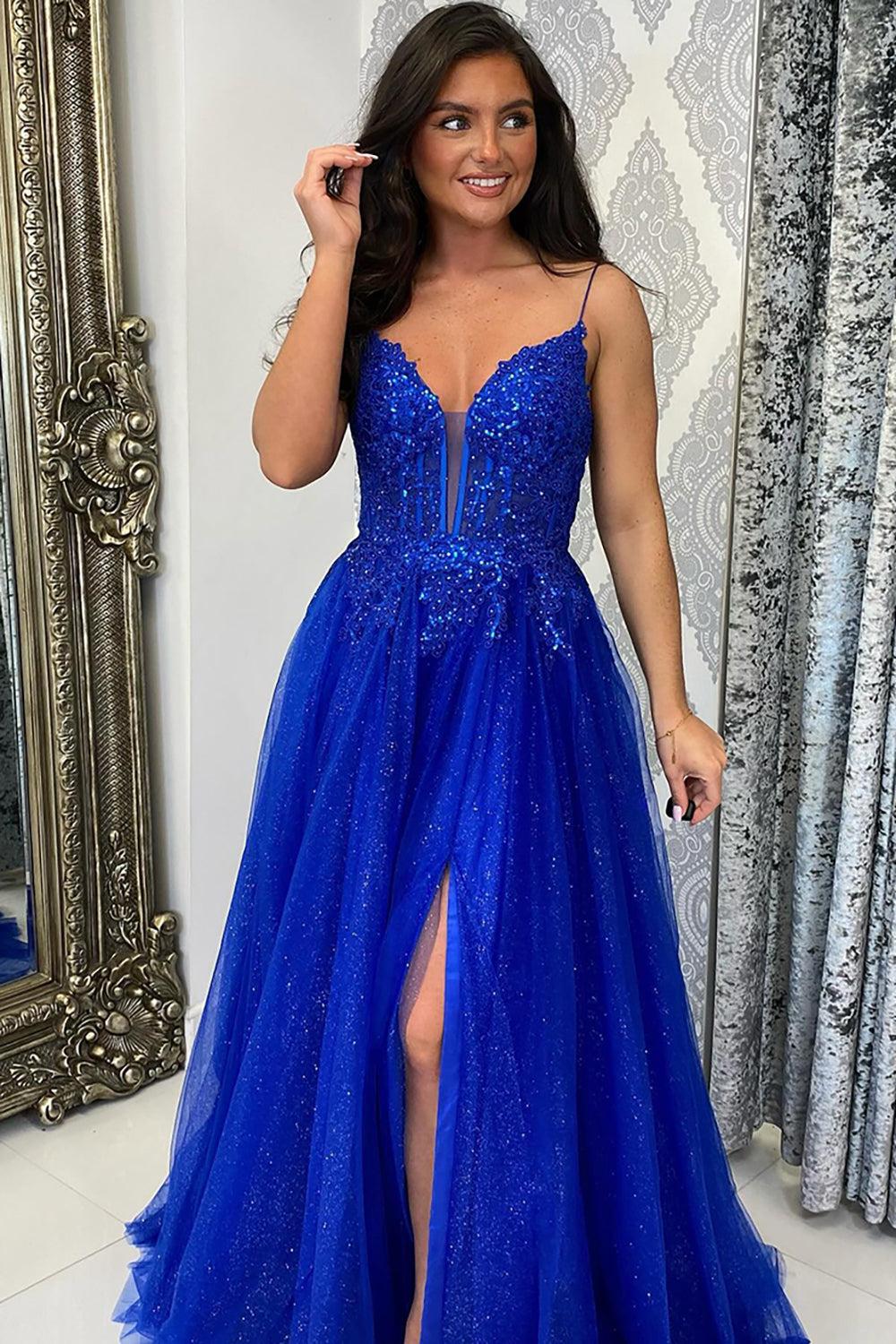 Sparkly Beaded Royal Blue Corset A Line Long Prom Dress with Slit