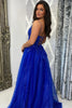 Load image into Gallery viewer, Sparkly Beaded Royal Blue Corset A Line Long Prom Dress with Slit