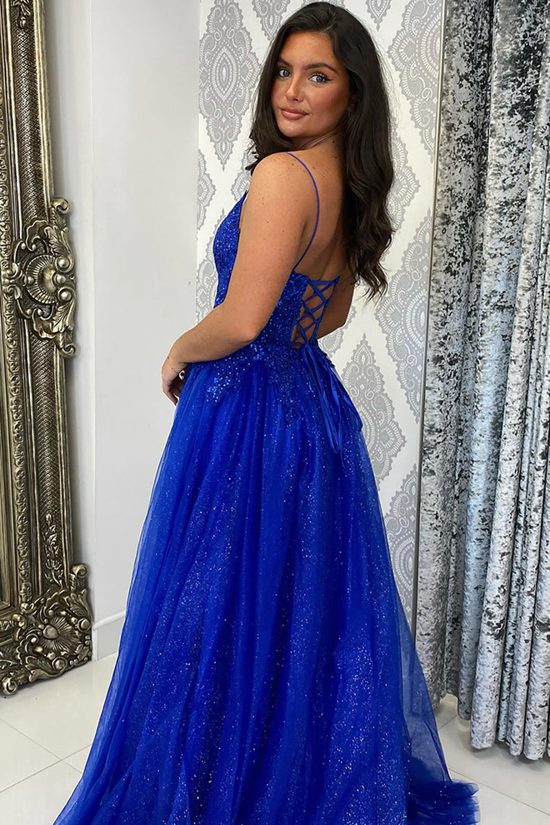 Load image into Gallery viewer, Sparkly Beaded Royal Blue Corset A Line Long Prom Dress with Slit