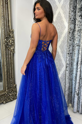 Sparkly Beaded Royal Blue Corset A Line Long Prom Dress with Slit